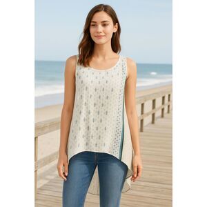 WHBM Blouse SZ XS White Blue Gold Sleeveless Flowy Lagenlook Feminine Casual